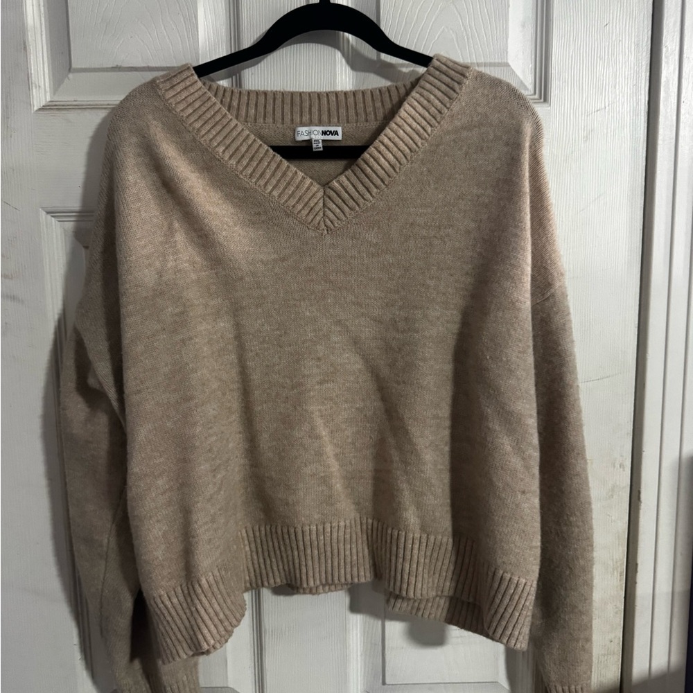 Fashion Nova Taupe V-Neck Sweater